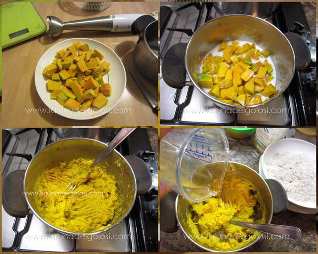 taglia la zucca a pezzettini, cuocila nel latte, schiacciala con la forchetta e versa l'olio