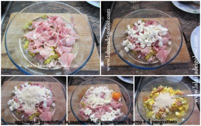 Zucchine prosciutto e mozzarella: aggiungi il prosciutto, la mozzarella, il parmigiano, l'uovo e il pangrattato